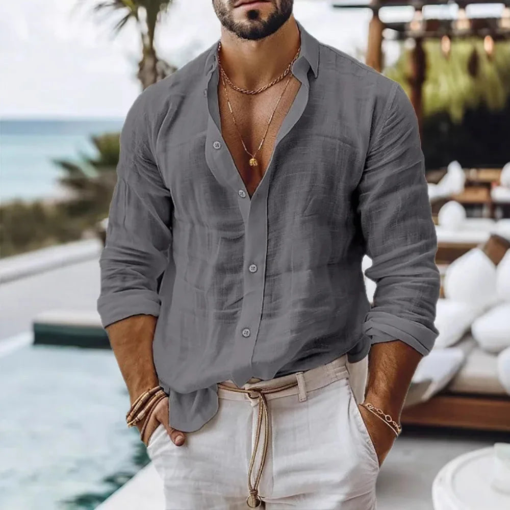 Cotton Linen Shirt for Men Summer Beach Style