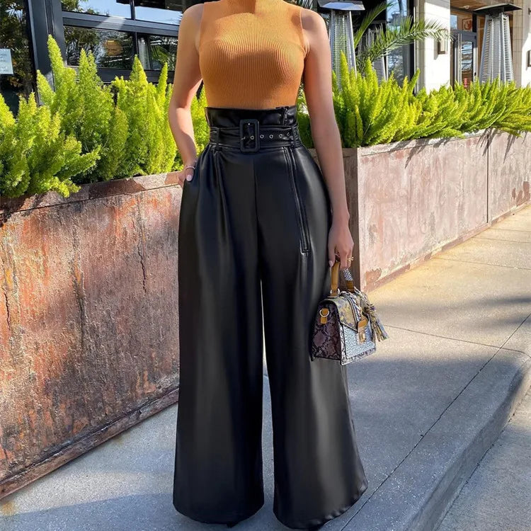 Women's Fashion High Waist Trousers PU Leather Pants
