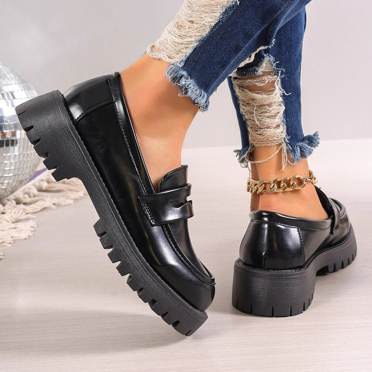 Casual Platform Loafers Leather Shoes for Women