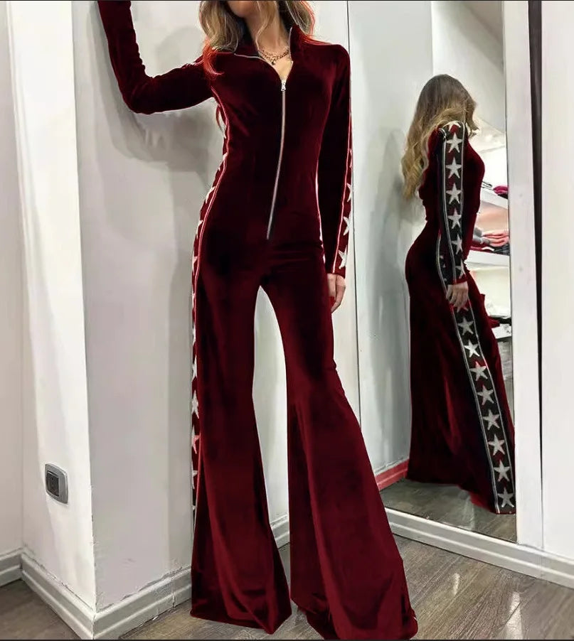 Women's Jumpsuit Fashion Velvet Patchwork