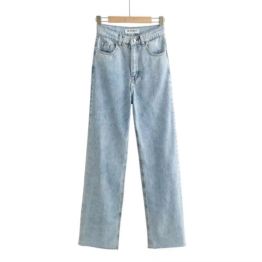 Women's High Waist Jeans Straight Leg Raw Hem Floor-Length Vintage
