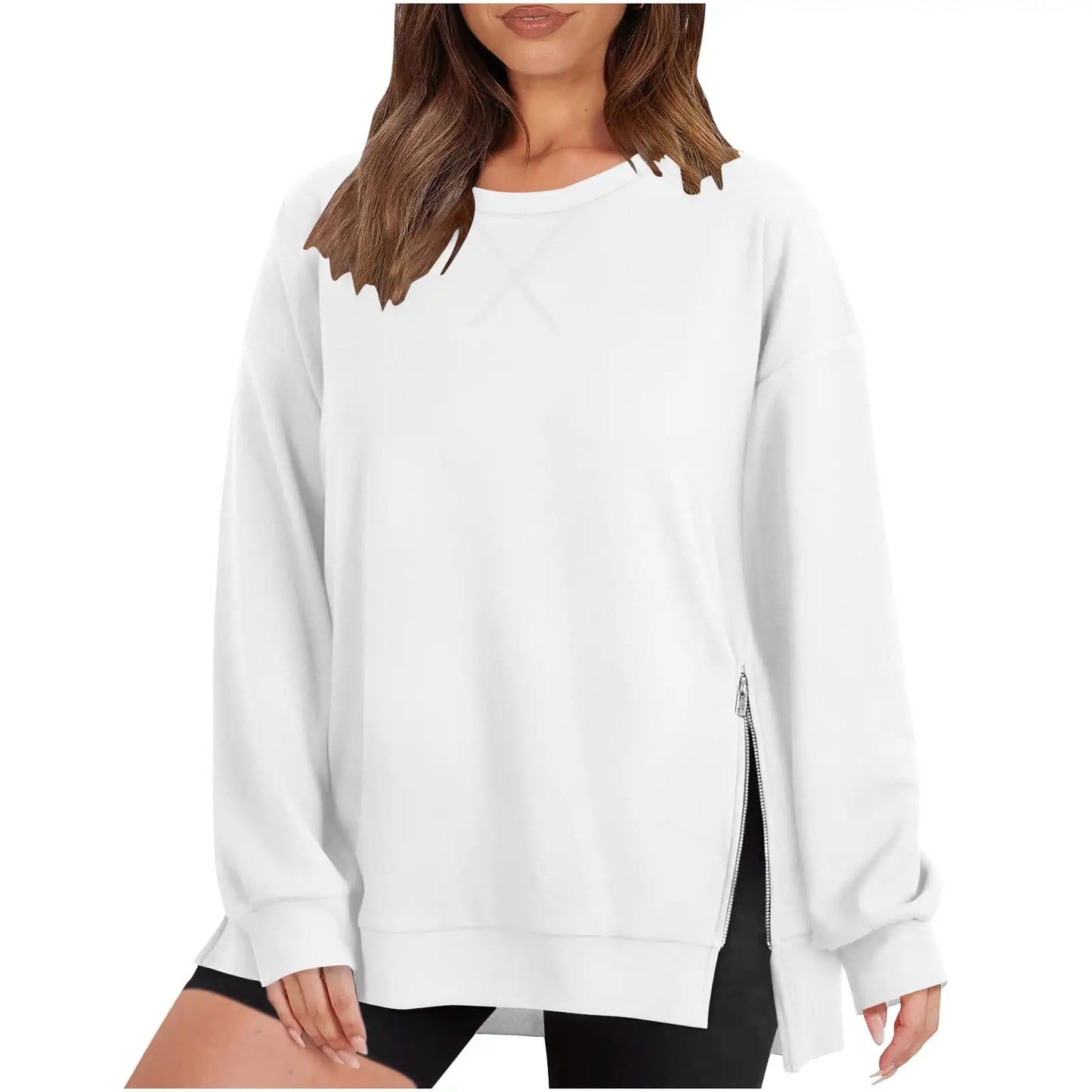 Women's Sweatshirts Round Neck Drop Shoulder Long Sleeve Zipper Side