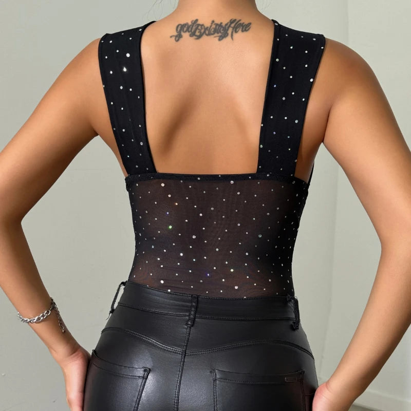 Women's Jumpsuit Sexy Sequins Perspective Thin Cross Skinny Backless Fashion Bodysuits