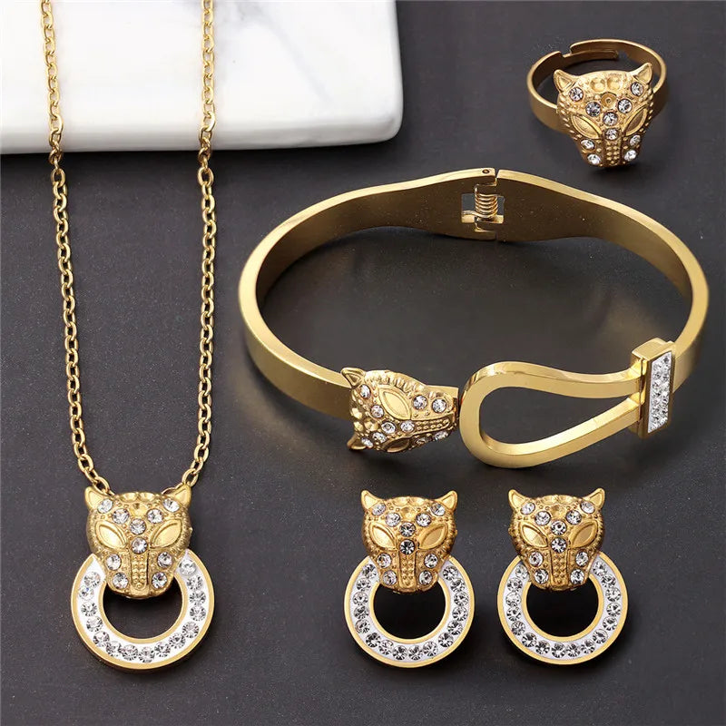 Stainless Steel Micro Inlaid Zircon Leopard Head Bracelet Necklace Earring Ring