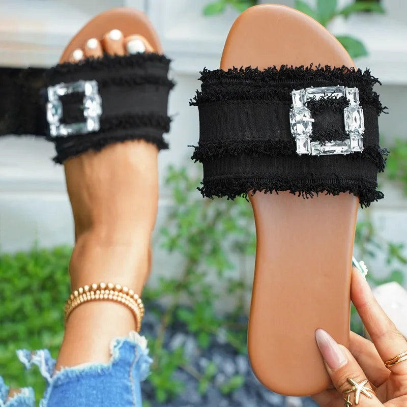 Women's Slippers Summer Sliding Metal Buckle Flat Shoes Fashion Sandals