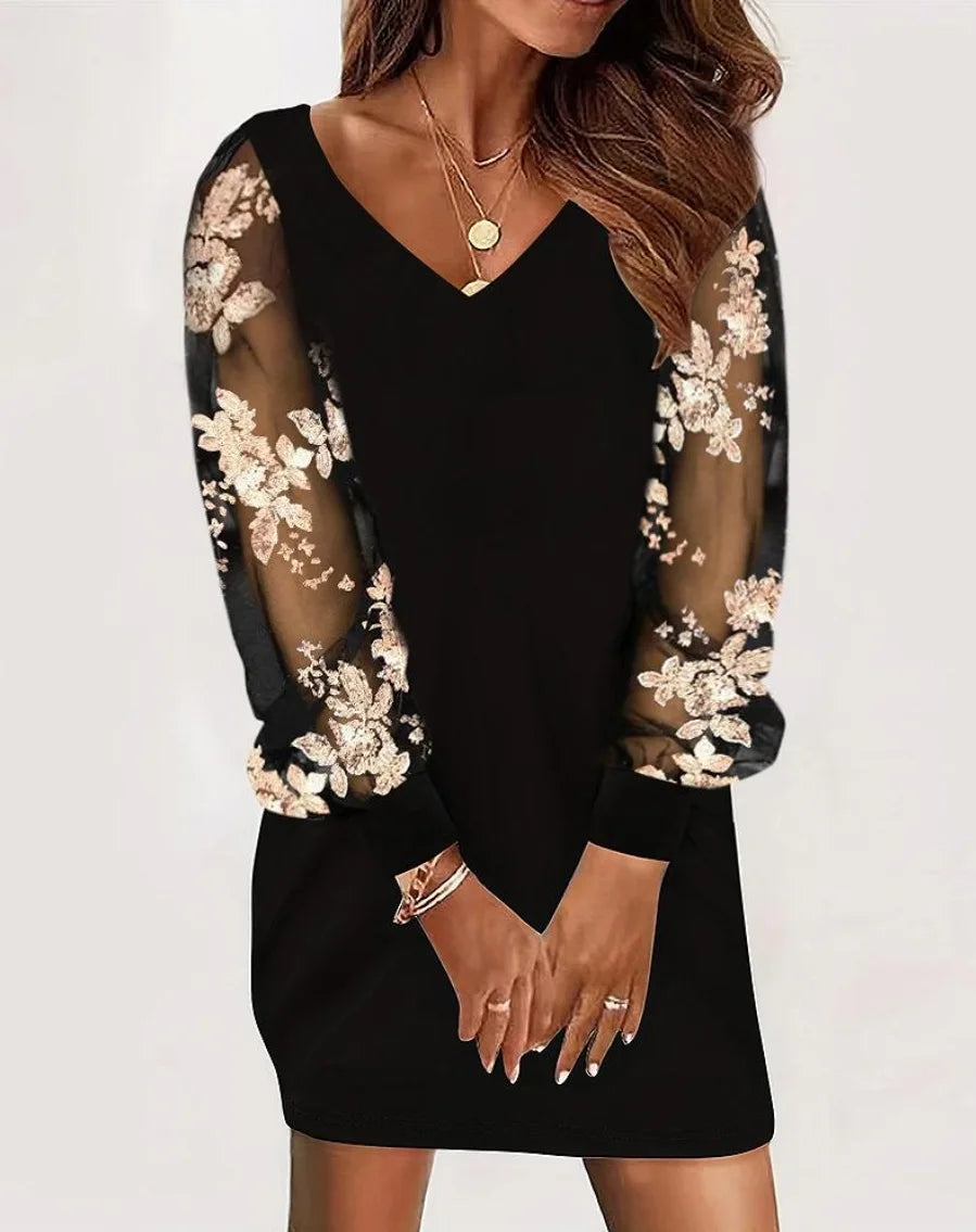 Sexy V Neck Mesh Lace Sleeve Loose Dress