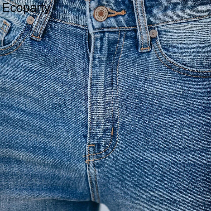 Women Flared Blue Jeans Fashion Vintage Stretch Casual High Waist Jeans