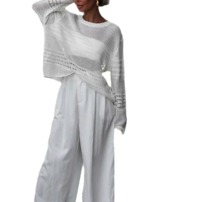 Women's Knit Top Loose Fit Crochet See Through Blouse