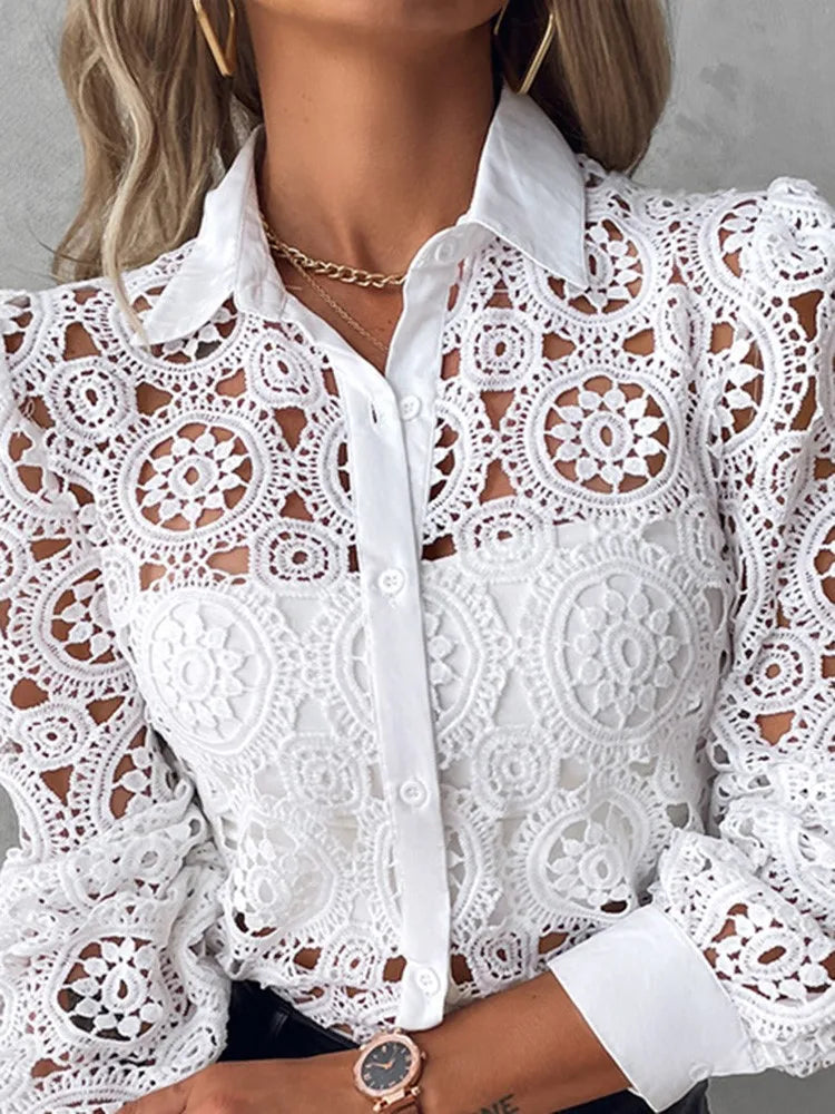 Lace Blouses For Women Elegant Office White Shirt Long Sleeve