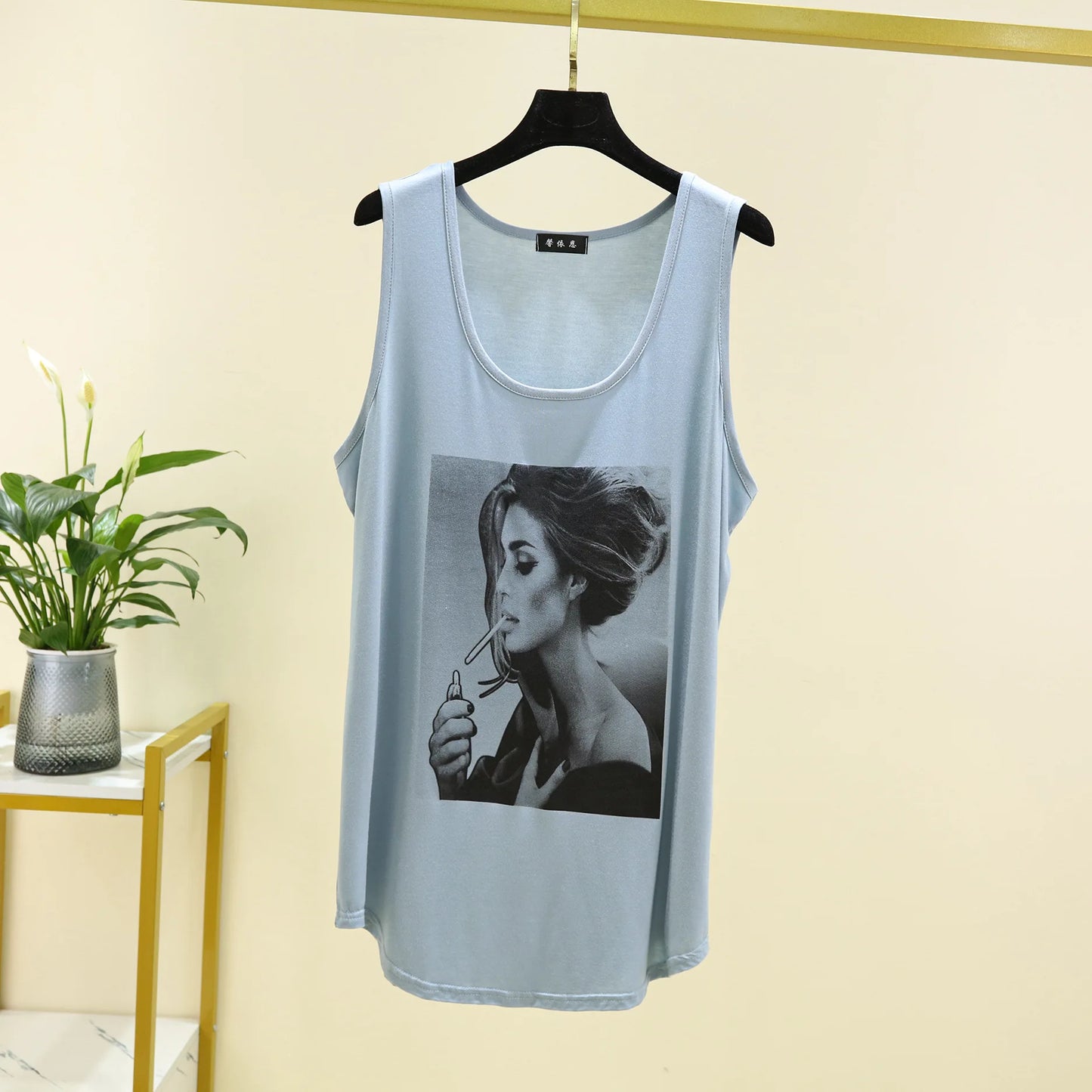 Women Long Tank Tops O-Neck Fashion Print
