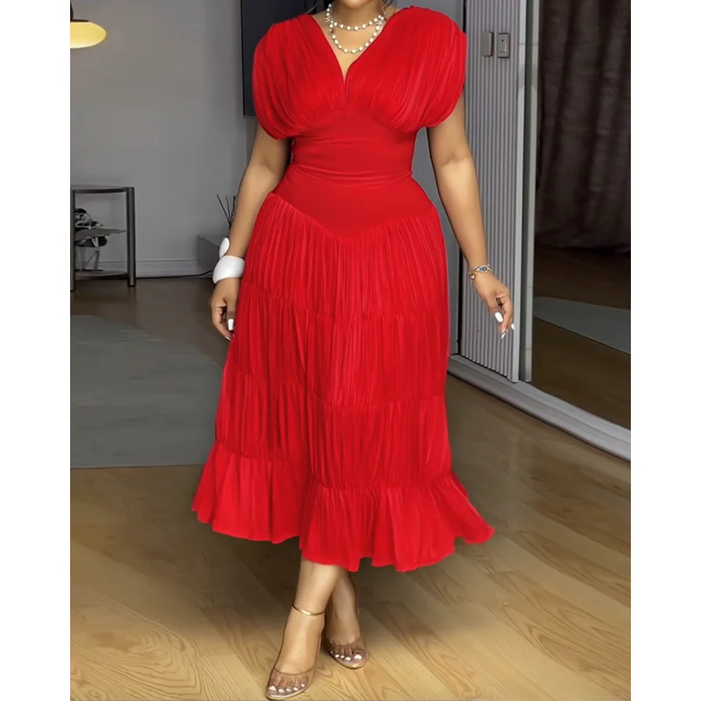 Textured V Neck Sleeveless Ruched Ruffles Hem Dress Casual Waist Dress