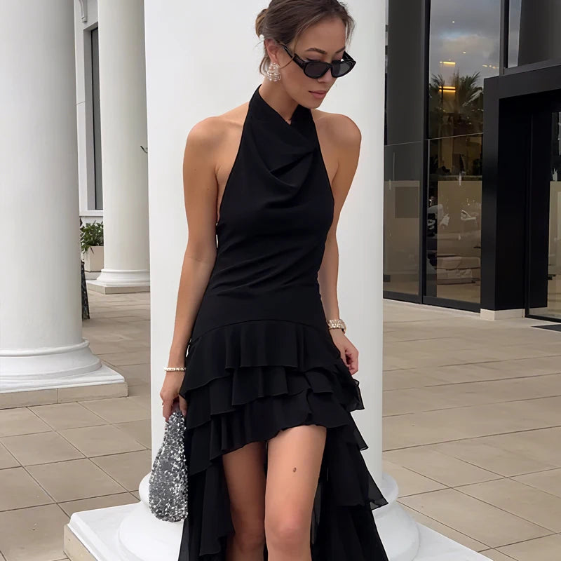 Pleated Backless Corset Sleeveless Asymmetrical Layered Ruffled Tulle Halter Dress
