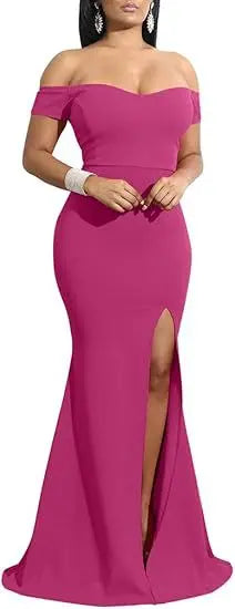 Women's Off Shoulder High Split Long Formal Party Dress