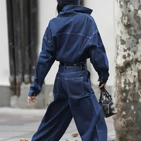 Jumpsuits Women Safari Style Loose Long Sleeve Denim Jumpsuits