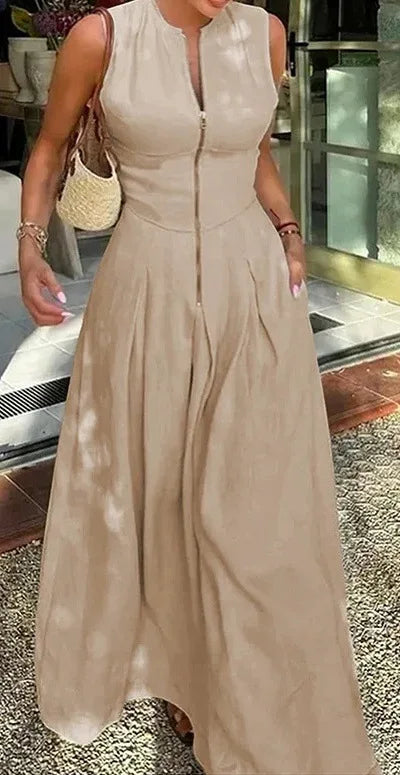women's sleeveless jumpsuit V-neck zipper design