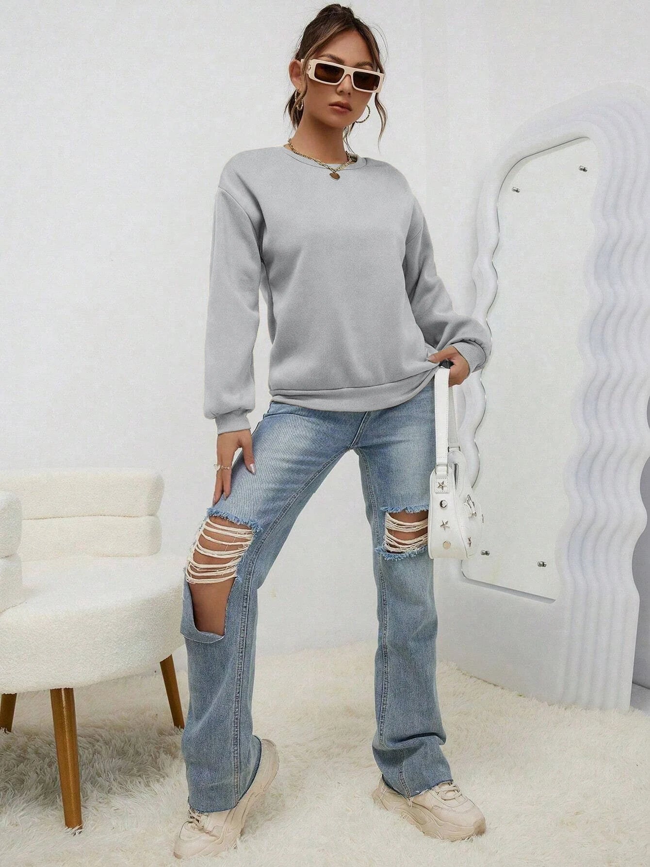 Woman Sweatshirt Casual Solid Color All-Match Clothing