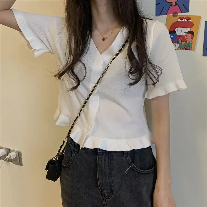 Women's Knitwear Top V-neck Short-Sleeved