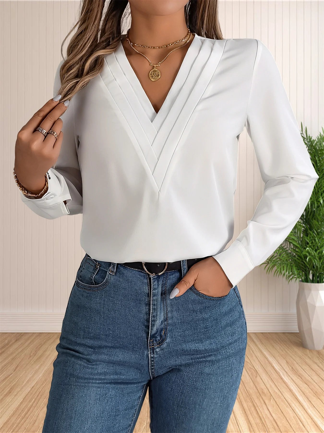 Business Office Blouse Layered V Neck Long Sleeve