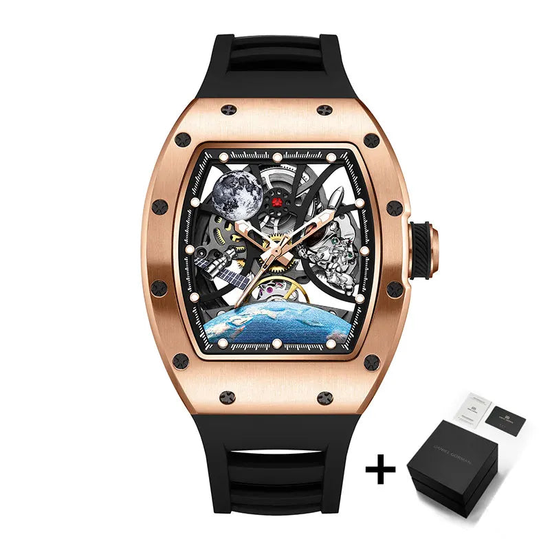Men's Automatic Watches Tonneau Mechanical Clock Earth Dial Waterproof Wrist Watch