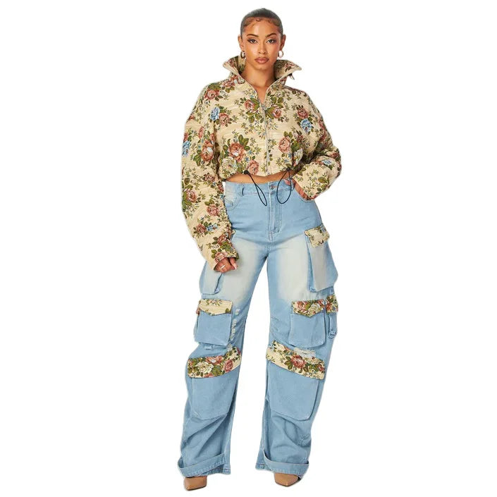 Women Pant Sets Print Matching Sets High Waist Straight Jeans Tracksuit