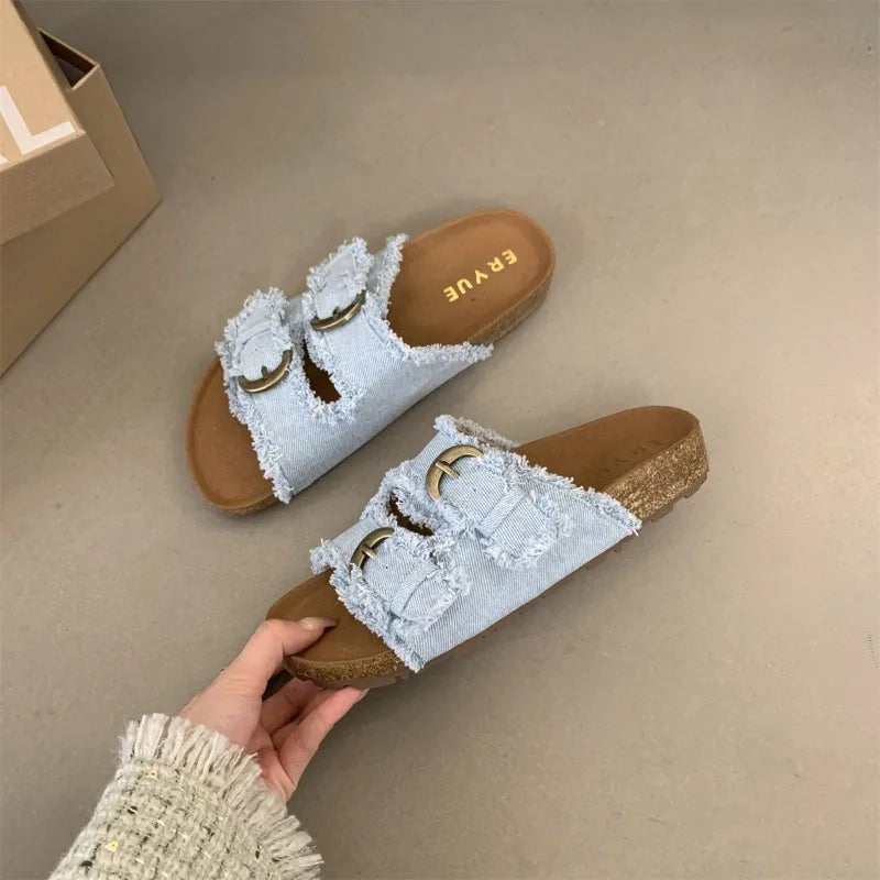 Women's Shoes Flat Slideshow Summer Platform Metal Buckle Beach Luxury Slippers