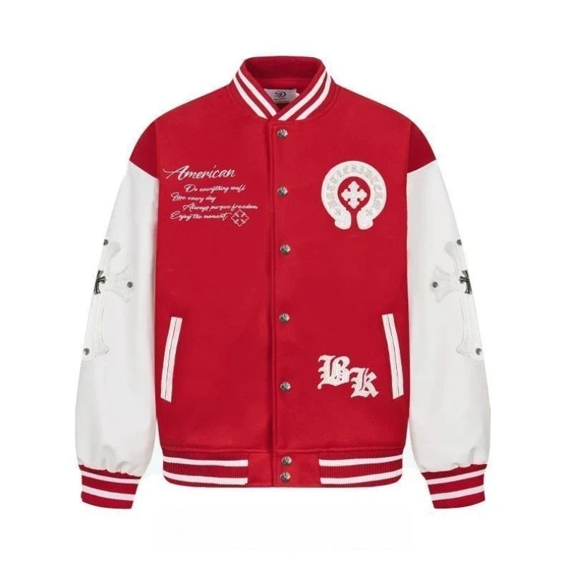 High Street Embroidered Bomber Jacket Men Spliced PU Leather