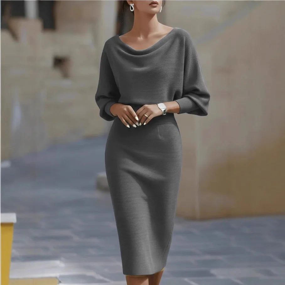 Batwing-sleeve Solid-colour Dress, Round-neck Slit-hem Fitted Midi Skirt