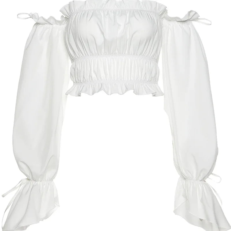 Long Sleeve White Blouses Women Short Slim Ruffles