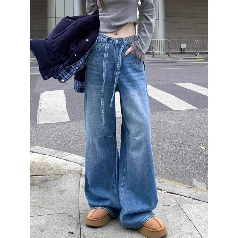 Women's Wide-Leg Jeans High-Waisted with Drawstring Detail Baggy Fit