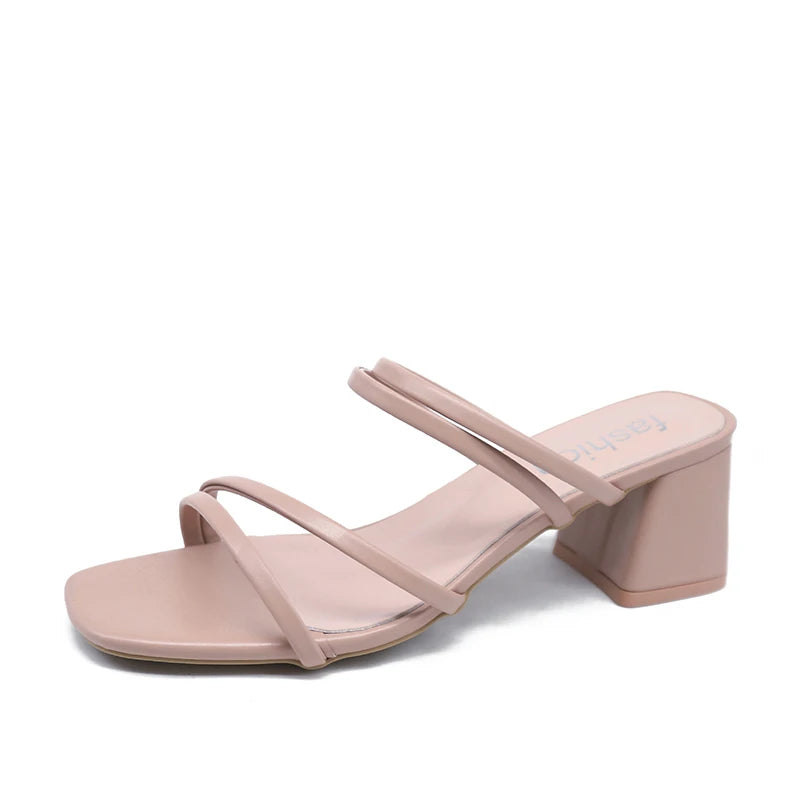 Women Sandals Ladies Square Heels Elegant Summer Slippers