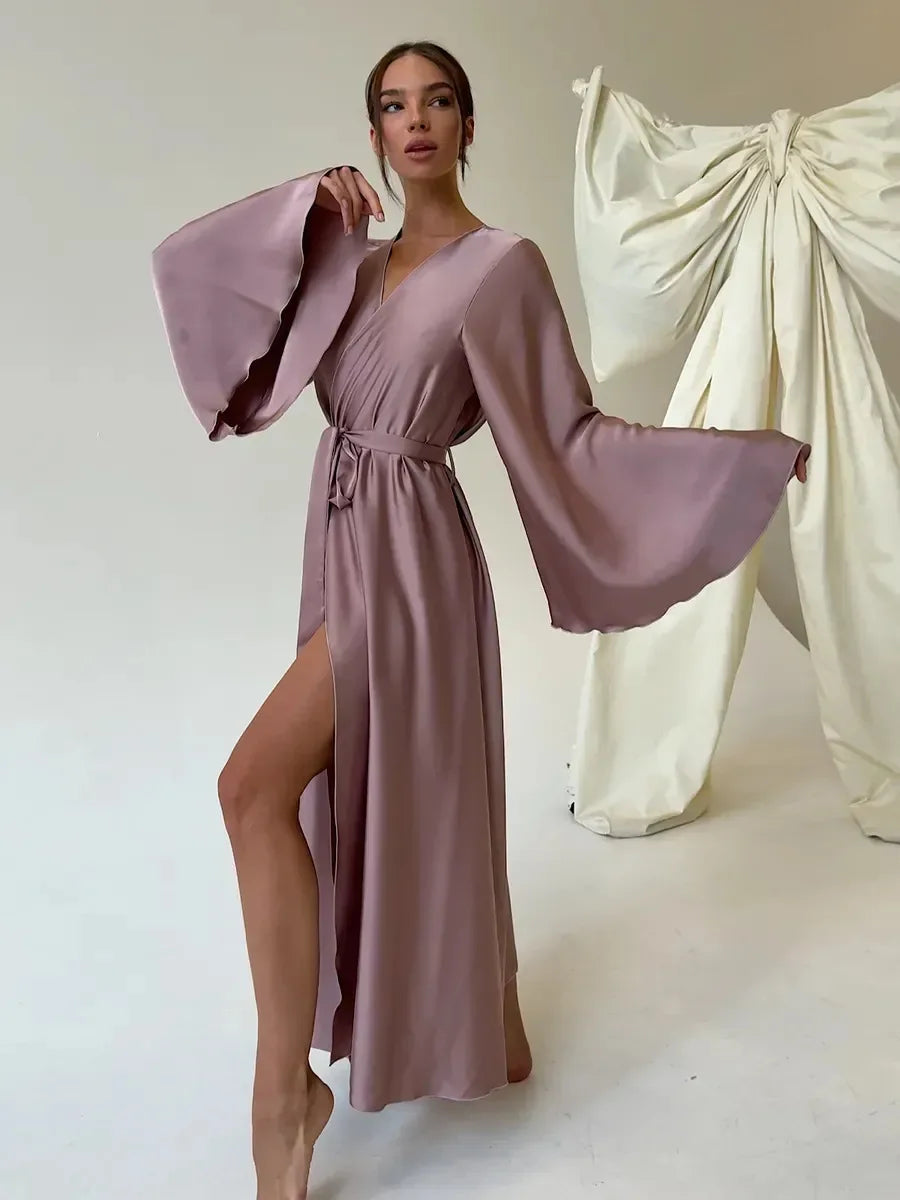 Satin Loose Robe Sexy High Waisted Split Party Dresses
