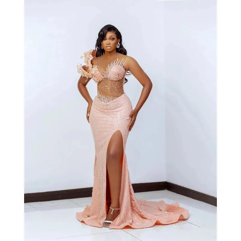 Exquisite Sheer Neck Sleeveless Gown Sequins Appliques Split Side Sweep Train Party Dress
