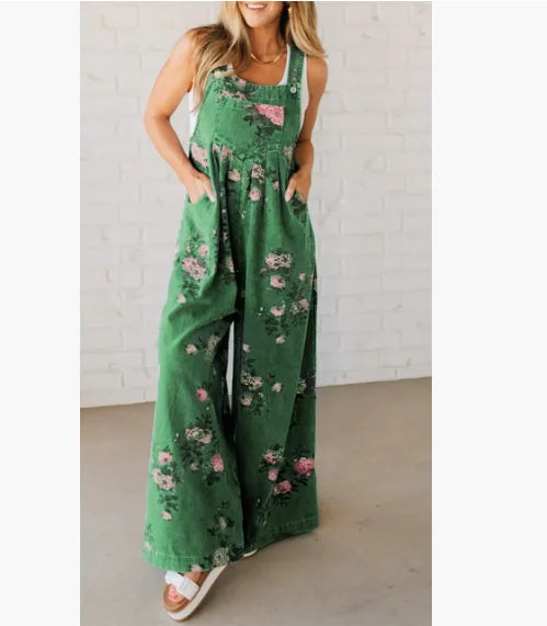 Women Jumpsuits Floral Printed Overalls Square Neck Sleeveless Rompers