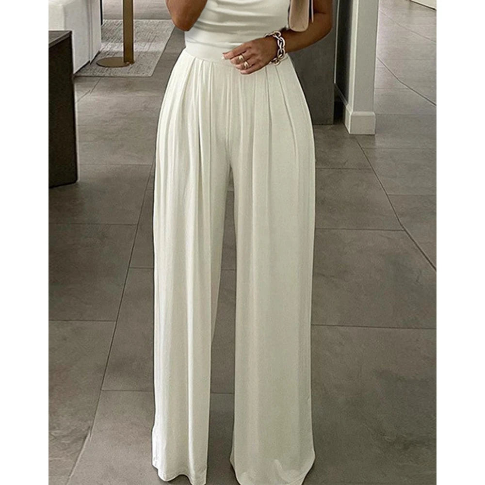 Women One Shoulder Ruched Buckle Wide Leg Black Jumpsuits