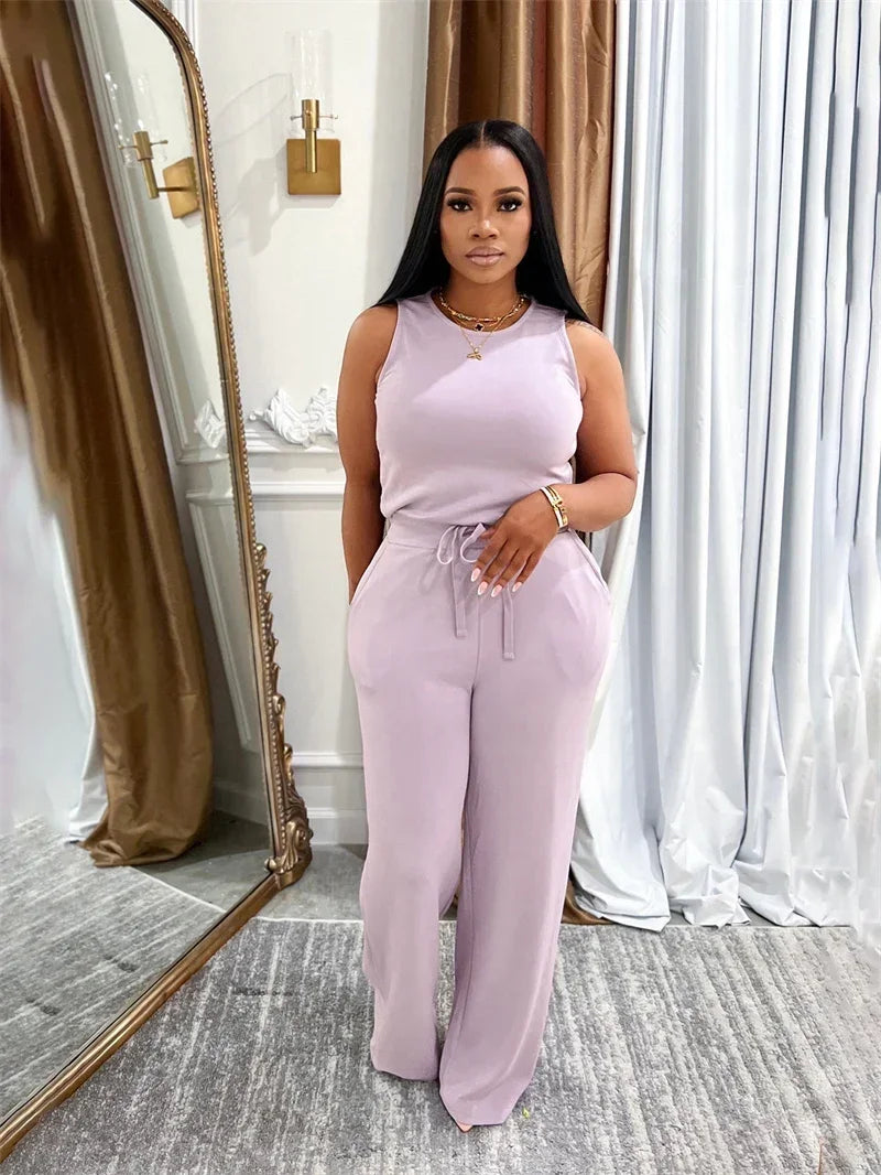 Solid Casual Jumpsuit Sleeveless Drawstring High Waist One Pieces Rompers
