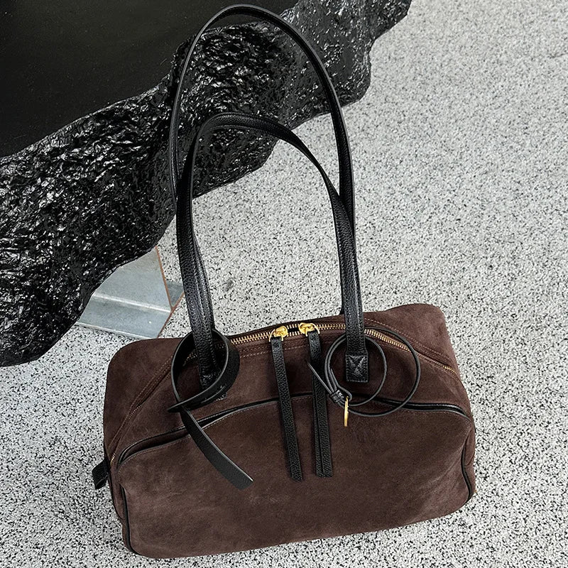 Women's Bowling Tote Bag Suede Leather Handbag Top Grain Leather Single Shoulder Underarm Bag