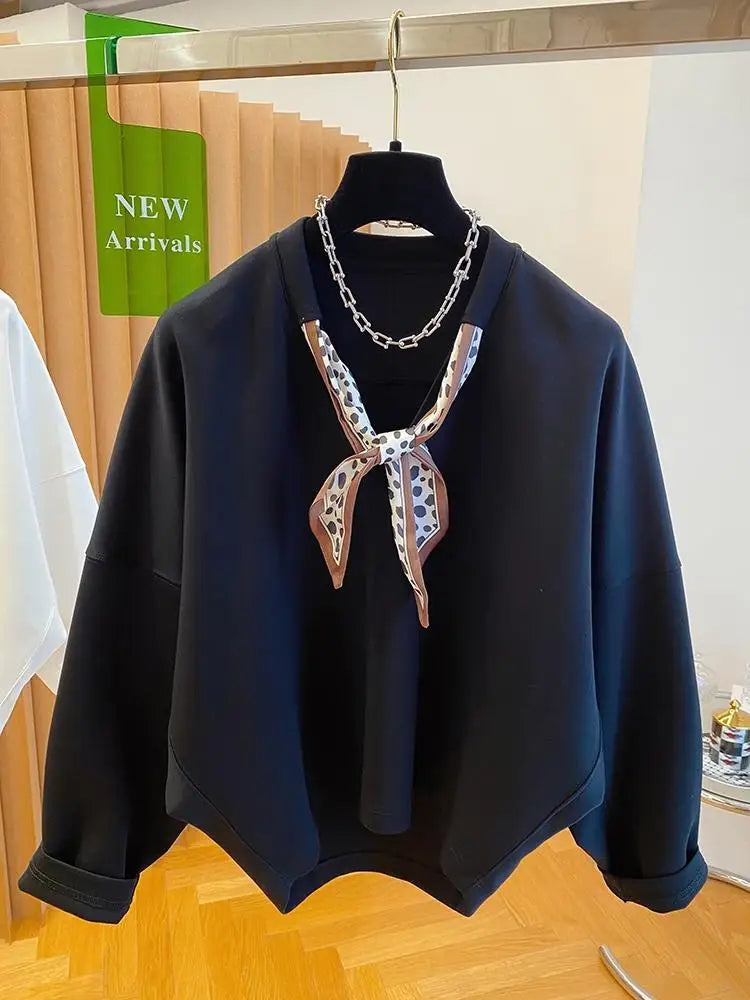 Women's Solid Color Sweatshirt with Scarf