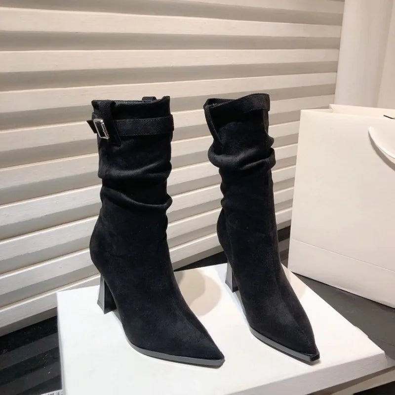High Heeled Single Boots Women's Fashion Pointed Toe Suede Metal Buckle Anti-slip boots