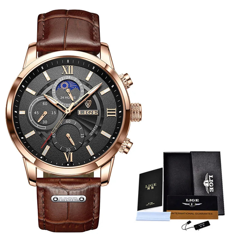 Men's Watches LIGE WristWatch Leather Quartz Watch Sports Waterproof