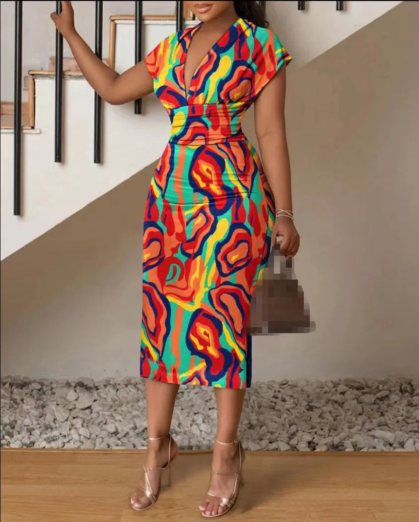 New V-neck Slim Hip-hugging Sexy Printed Women's Dress