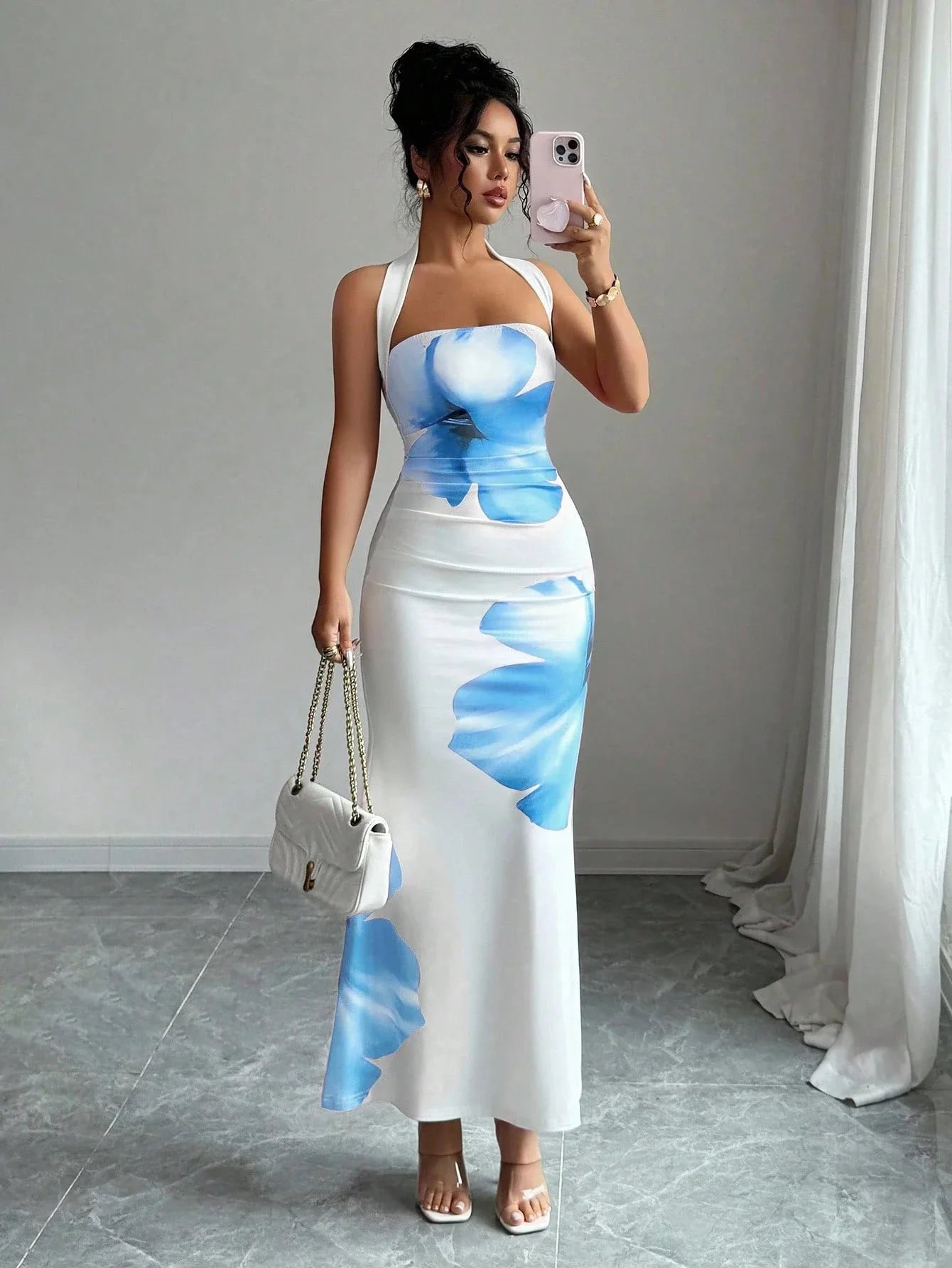 Plunging Neckline Back Opening Printed Pattern Woman Clothes