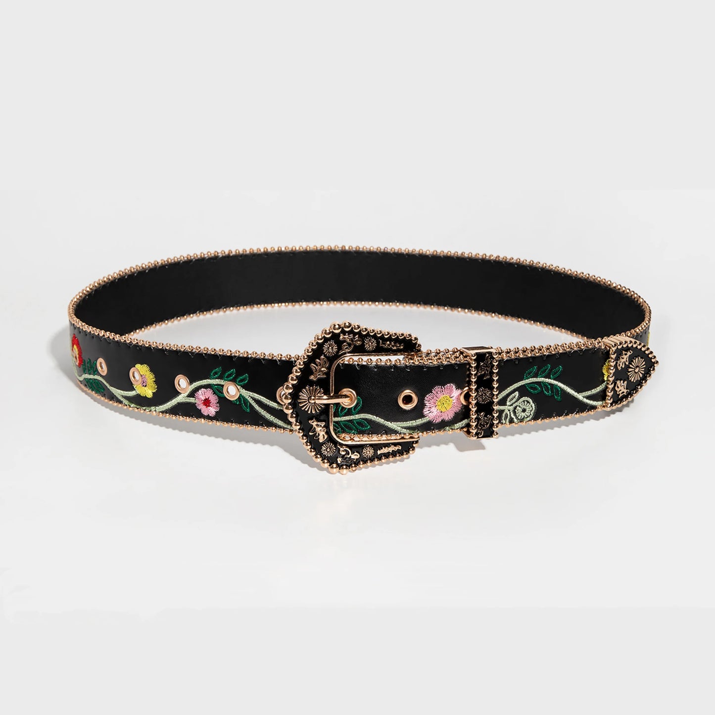 Women Retro Casual Multi-Color Carved Beaded Random Floral Embossed Bead-Edge Belt