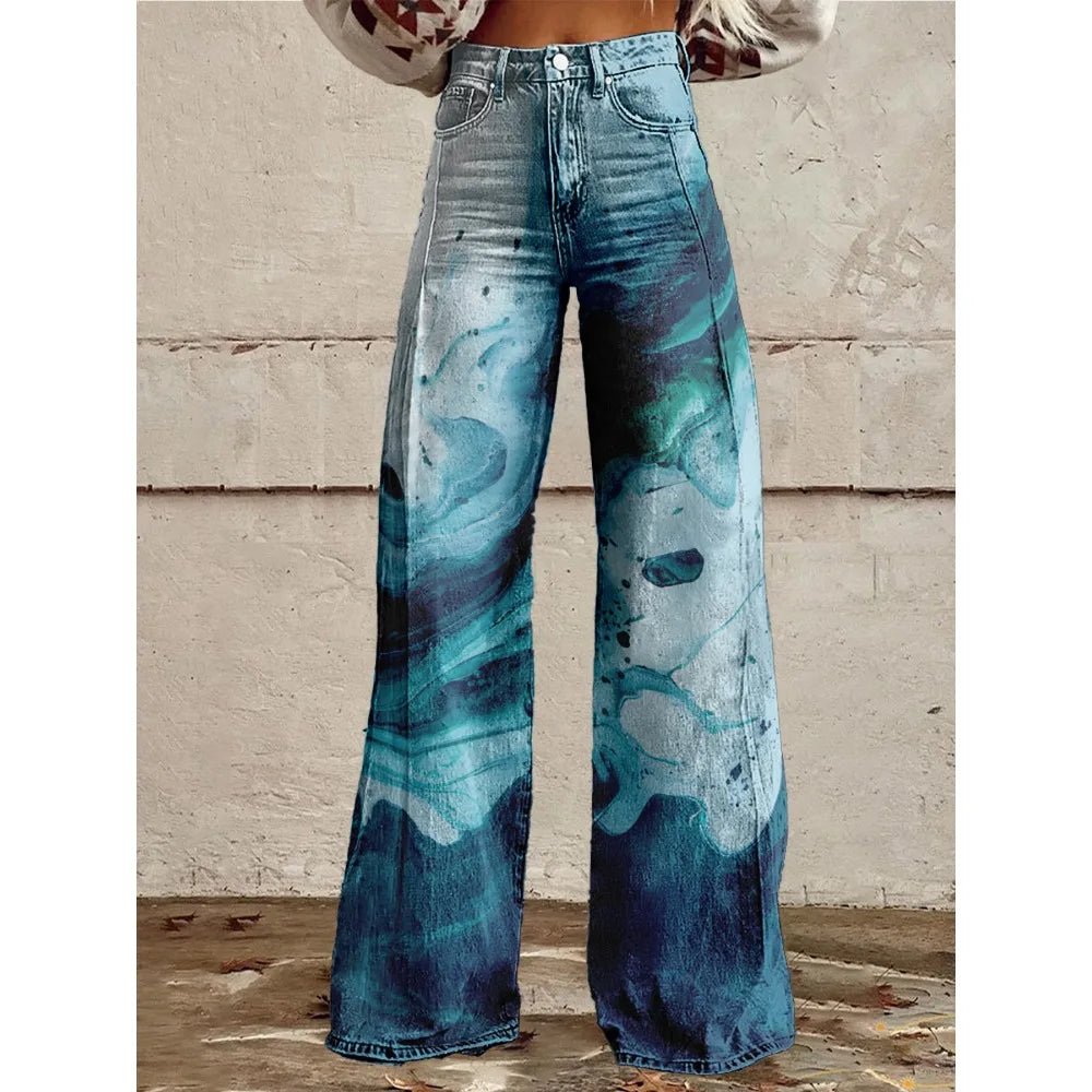 High Waisted Wide Leg Pants Artistic Ink Wash