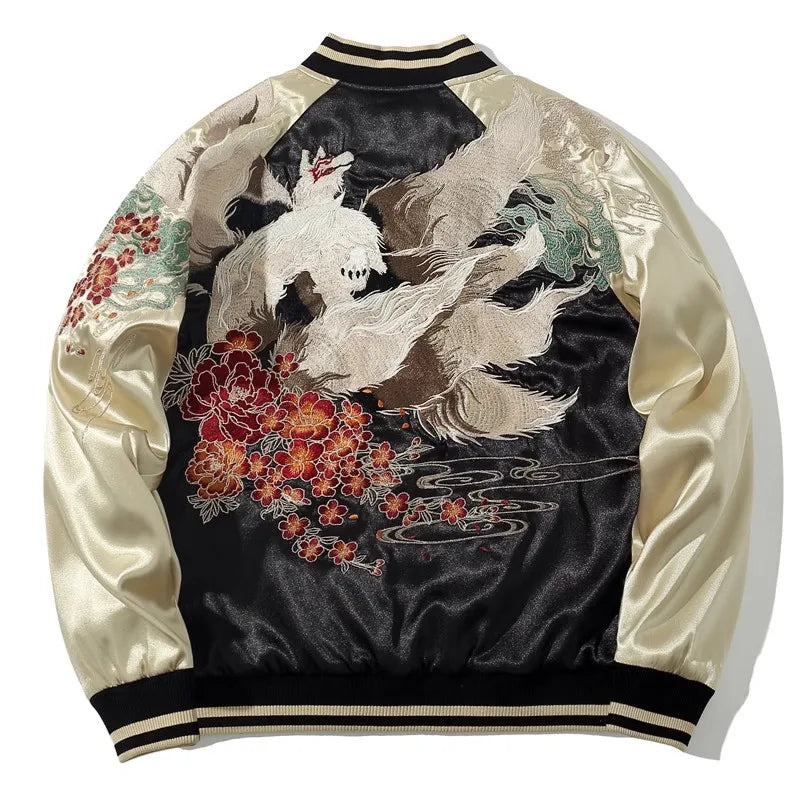High Street Sukajan Souvenir Jacket Nine Tailed Fox Peony Embroidered Pilot Bomber