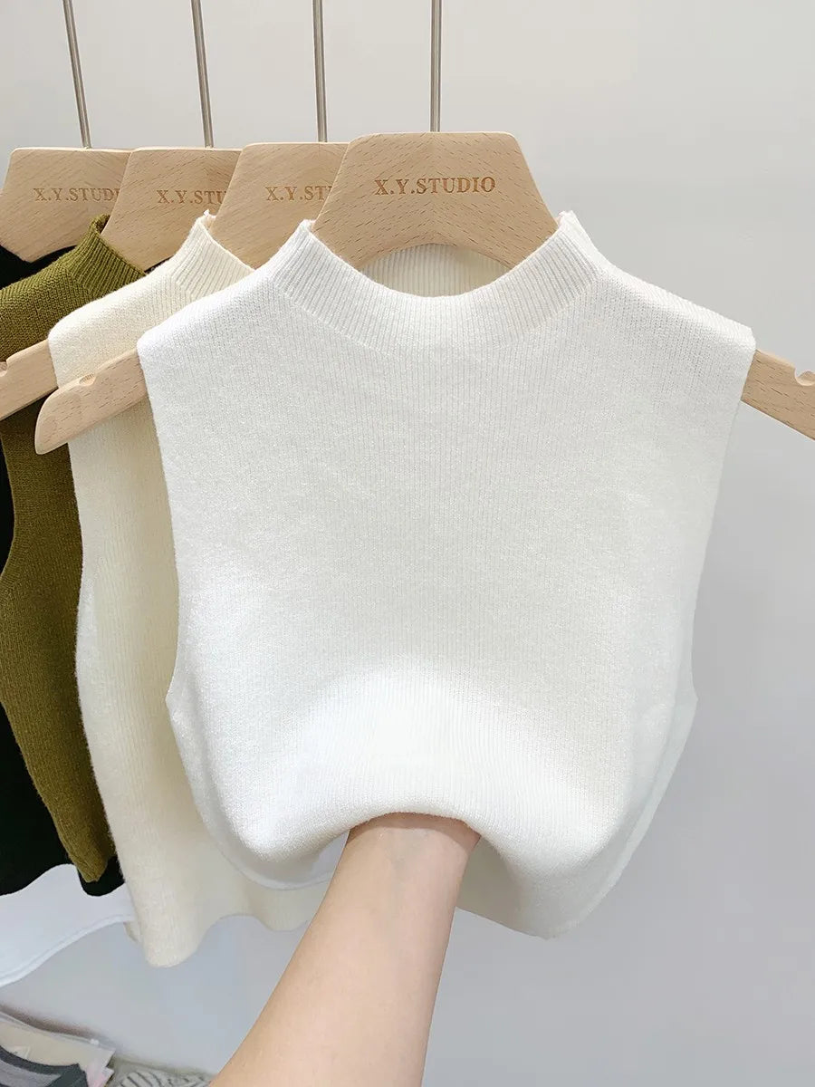 Women Knitted Tank Top Slim Short Sleeveless Sweaters