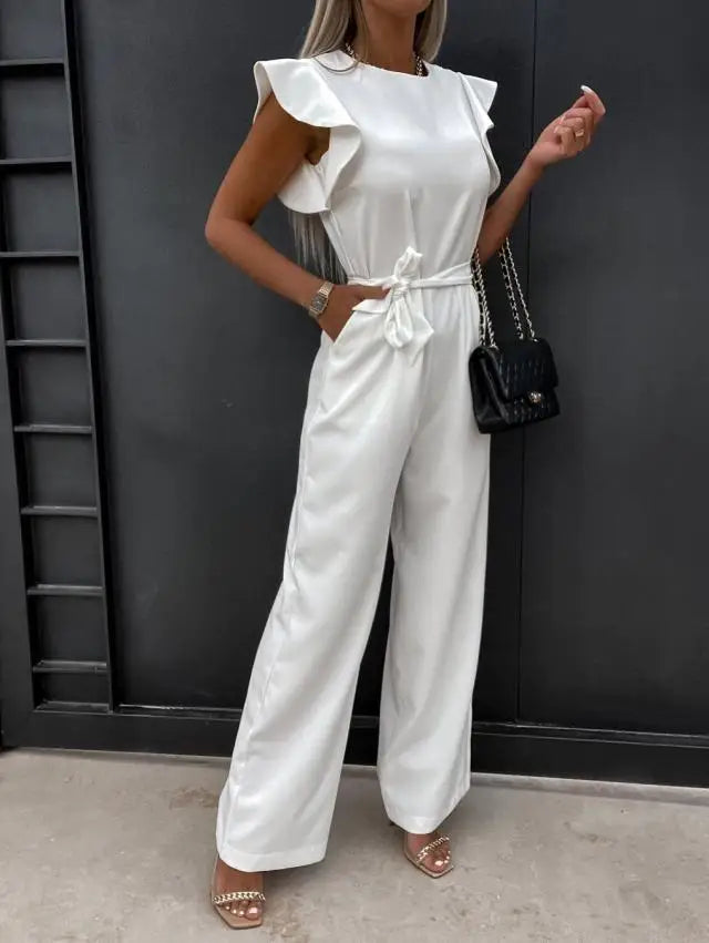 Jumpsuit with lace up high waist ruffle edge sleeves dating jumpsuit