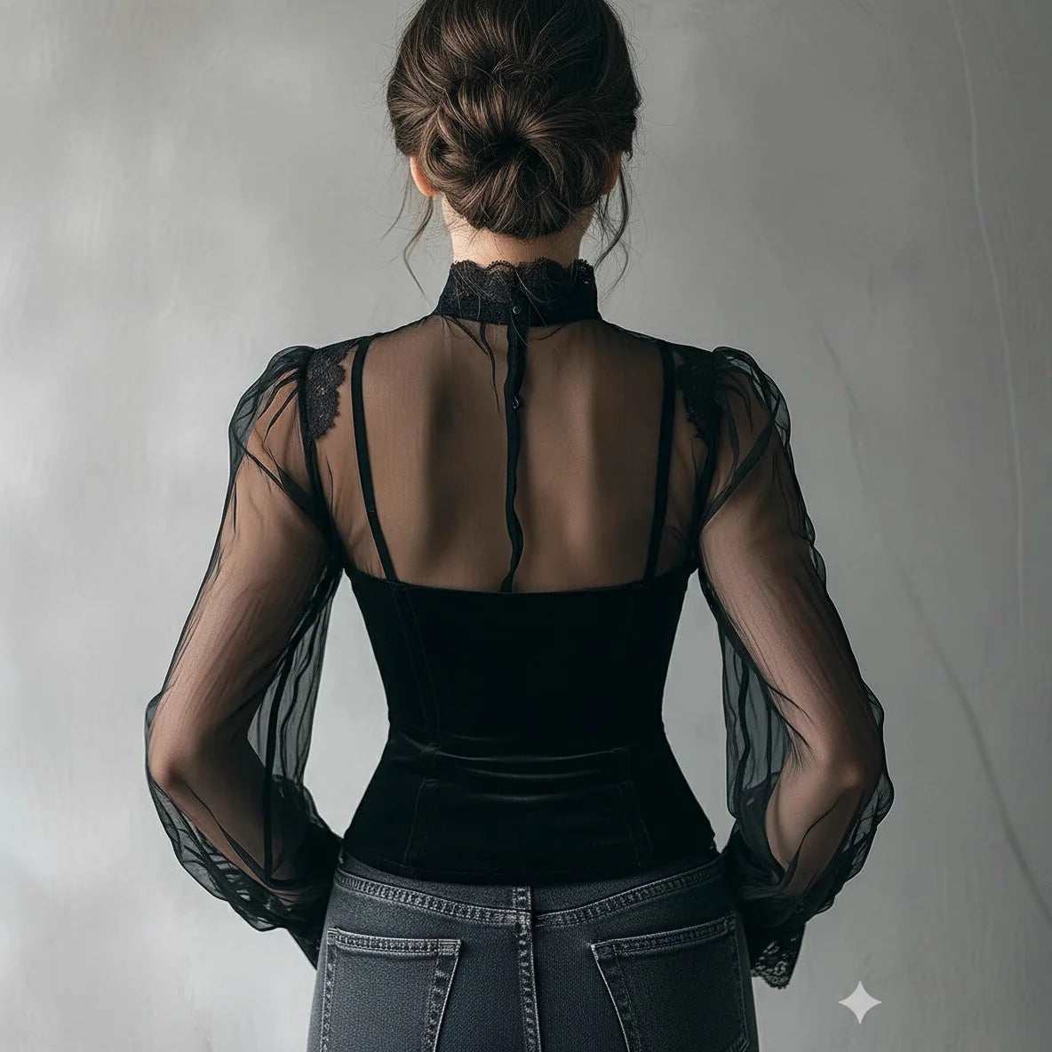 Black Women Mesh Blouse High Neck Lace See