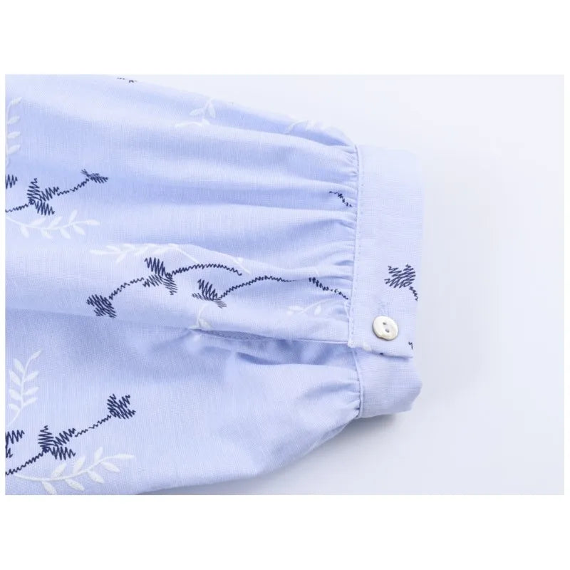 Women Printed Blouse with Embroidered Casual O Neck Long Sleeve