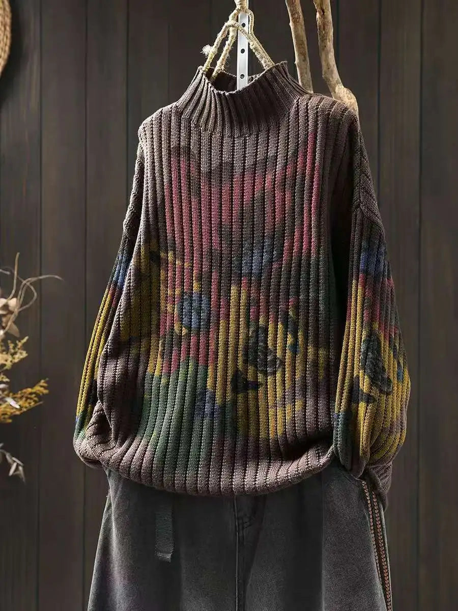 Chic Flower Printing Knitwear for Women Loose Casual Long Sleeve Half-turtleneck Knitwear
