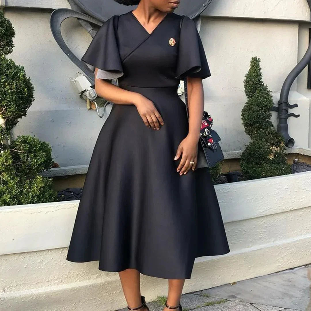 V Neck Flare Sleeve High Waisted Pleated A Line Mid Calf Luxury Dress